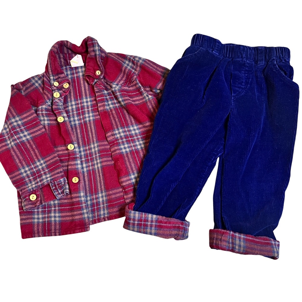 Vintage OshKosh Set Plaid Flannel Shirt & Blue Corduroy Pants 80s 90s Toddler 2T